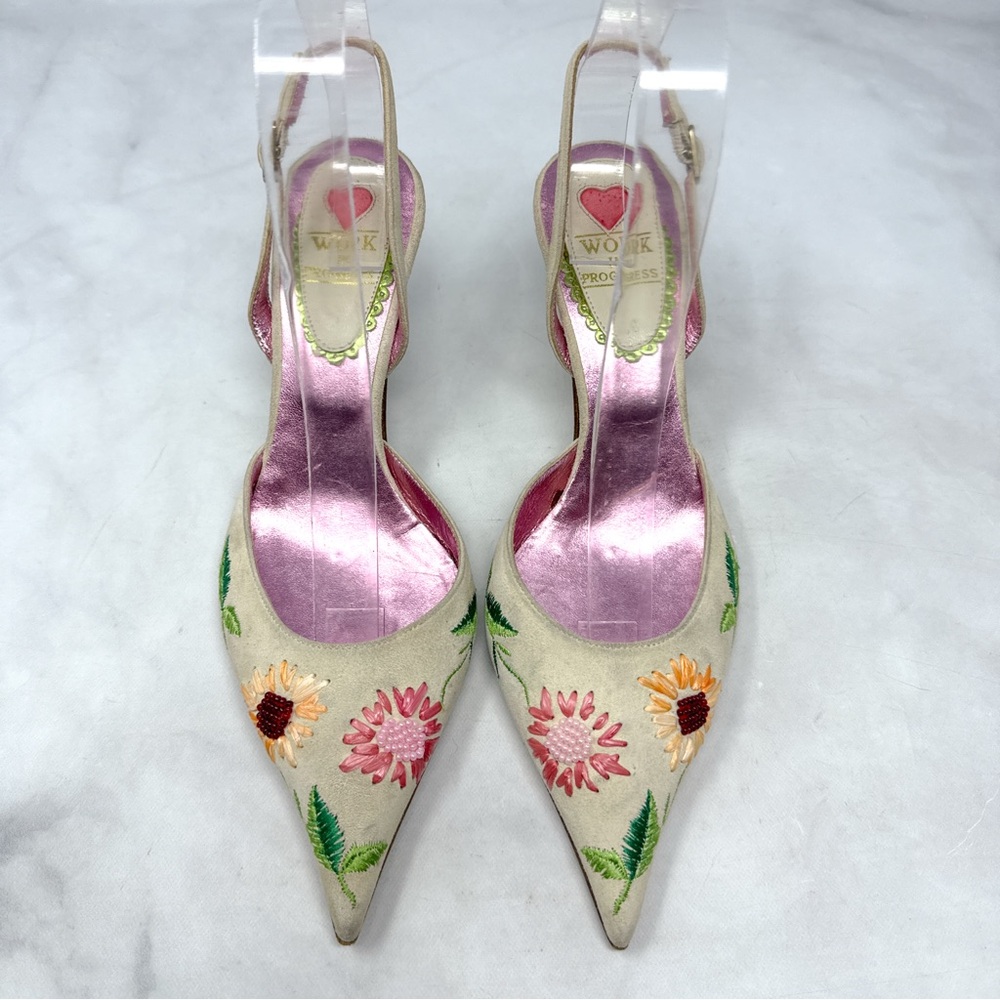 Vintage Y2K 2000s Beaded Floral Embroidered Pointed Toe Slingback Kitten Heel 36